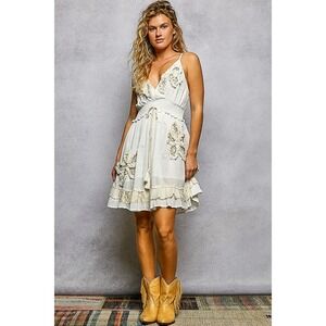 POL Women Ivory Embroidered Smocked Waist Boho V-Neck Mini Dress LARGE
